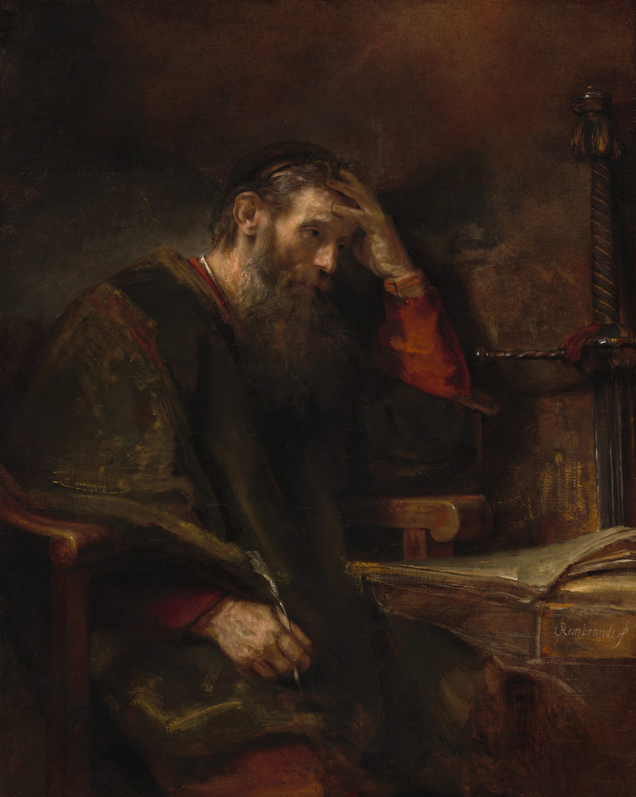 Image of the apostle Paul leaning over a table